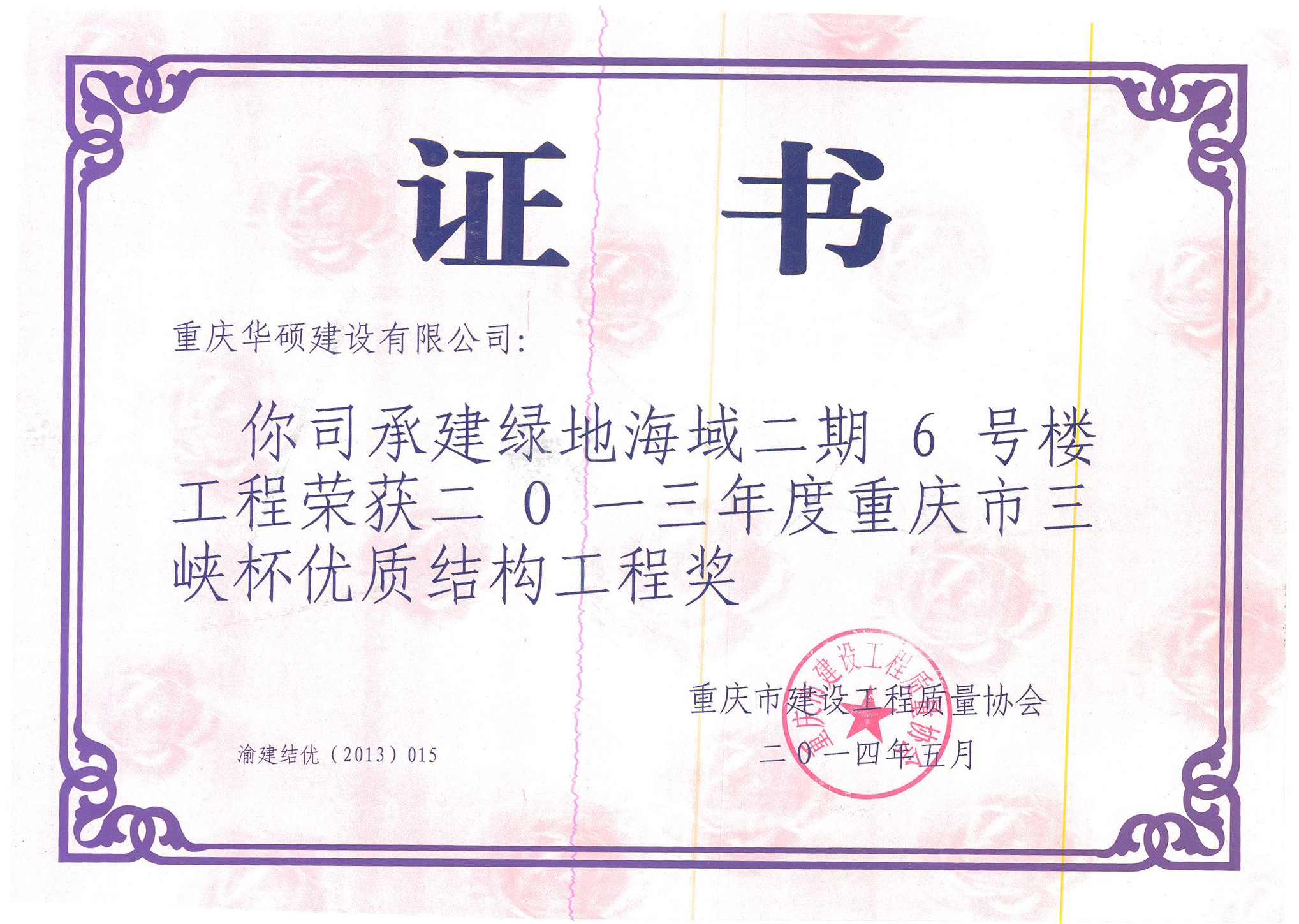 2013年度重庆市三峡杯优质结构工程奖